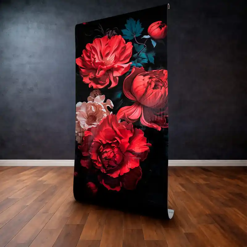 Cel mai vândut Panou Decorativ Autocolant "Scarlet Passion" – Bujori Roșii Regali pe Fundal Negru, 120 x 300 cm