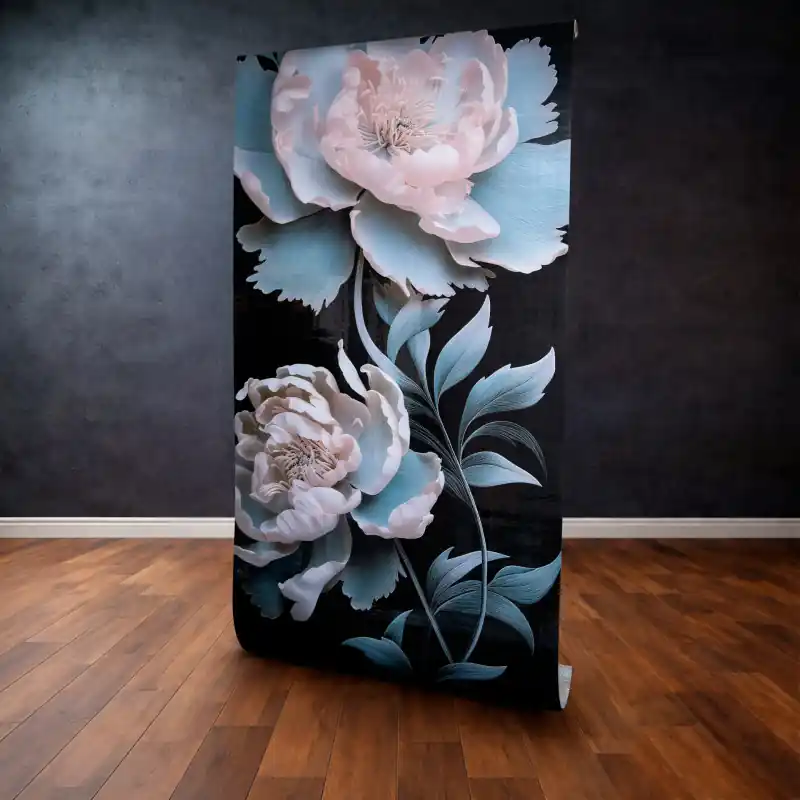 Panou Decorativ Autocolant "Azure Blossom Noir" – Flori de Bujor Turcoaz și Roz, 120 x 300 cm Popular