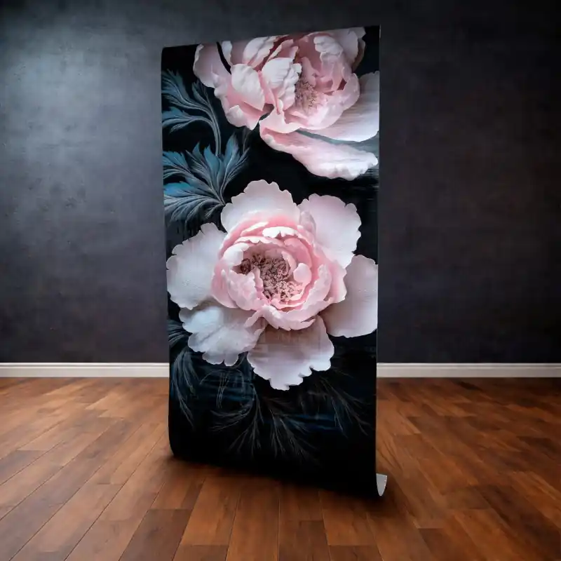 Premium Panou Decorativ Autocolant "Midnight Peonies" – Flori Roz Gigant pe Fundal Negru, 120 x 300 cm