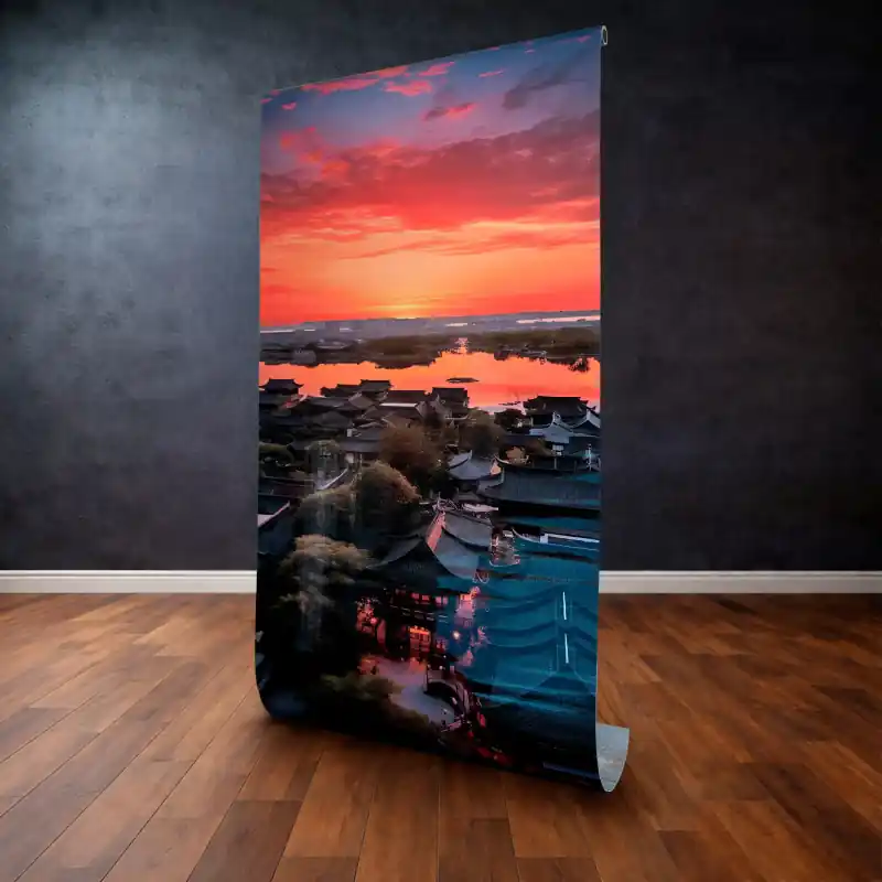 Cumpără acum Panou Decorativ Autocolant "Golden Hour in Kyoto" – Peisaj Urban Tradițional la Apus, 120 x 300 cm