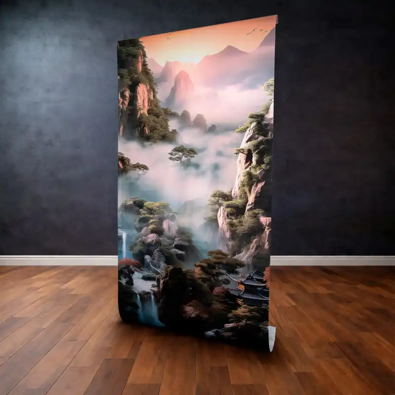 Reducere de preț Panou Decorativ Autocolant "Asian Mist Valley" – Peisaj Zen cu Cascade și Munți, 120 x 300 cm
