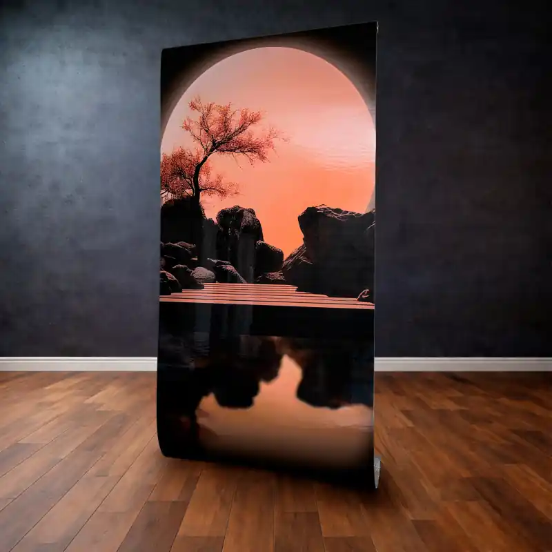 Ofertă specială Panou Decorativ Autocolant "Zen Sunset" – Peisaj Japonez cu Lună și Reflexie, 120 x 300 cm