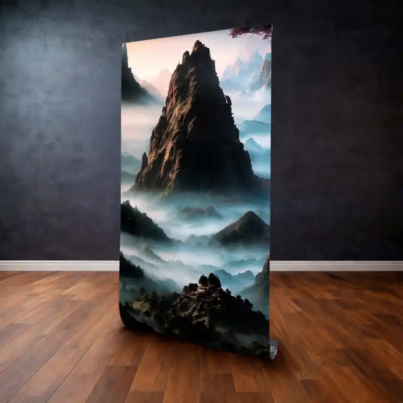 Calitate înaltă Panou Decorativ Autocolant "Peak of Silence" – Peisaj Montan în Ceață, 120 x 300 cm