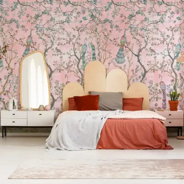 Calitate înaltă Tapet Peacock Chinoiserie in Rosa