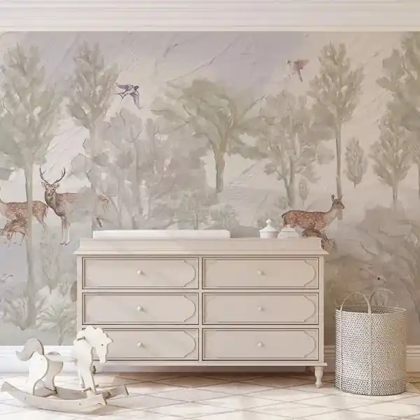 Discount Tapet Foggy forest faun in color
