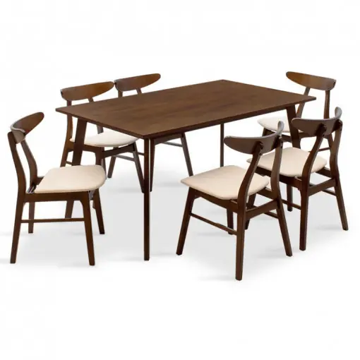 Cel mai bun preț Set Masa si Scaune Benson-Orlean 7 Piese Nuc Inchis - Bej 150x90x75 cm