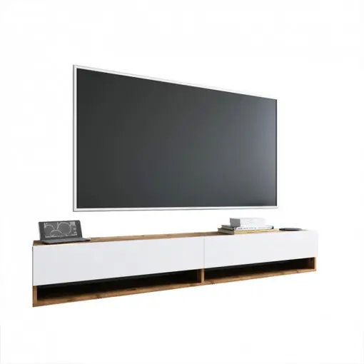 Comoda TV Pako World, Model Handra, 180x31.5x29.5 cm, Alb/Stejar Discount