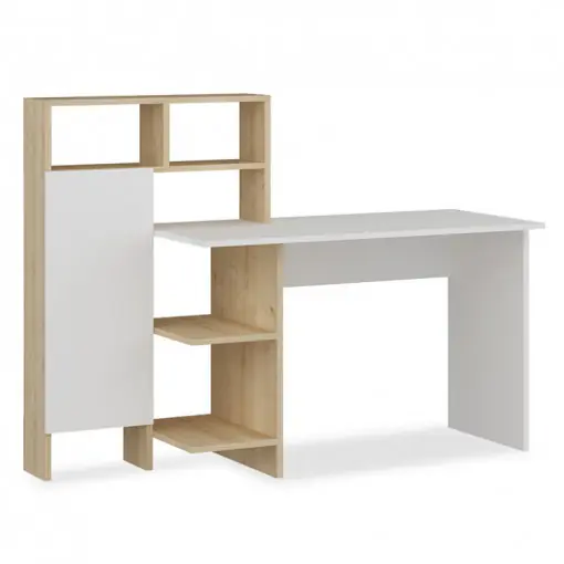 Nu rata Birou cu Biblioteca Pako World, model Slate, 120x112x60 cm, Alb/Stejar