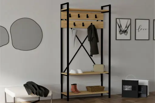 Cuier haine cu rafturi Model Alfa, Stejar, 90x34x180 cm Super ofertă