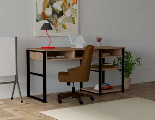 Birou cu sertare Salvador, model Emro, 150x75.8x58.4 cm, Nuc/Negru Preț redus