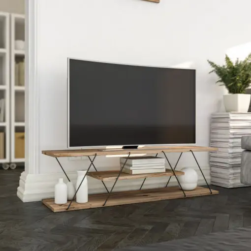 Comoda TV Salvador, Model Canaz, 120x33x30 cm, Negru/Nuc Discount