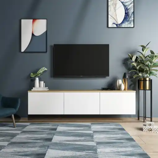 Livrare rapidă Comoda TV Salvador, Model Neon, 160x35x32 cm, Alb/Stejar