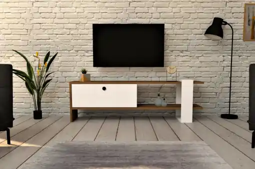 Retur ușor Comoda TV Salvador, Model Gaye, 120x36.8x25 cm, Nuc/Alb