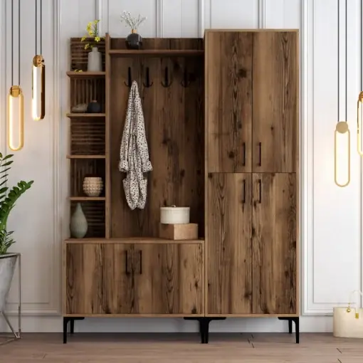 Cuier hol cu dulap si rafturi Model Viyana, Nuc, 150x35x200 cm Ofertă de sezon