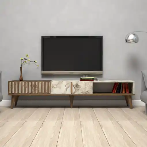 Comoda TV Salvador, Model Milan, 180x40x35 cm, Nuc/Alb Plată securizată