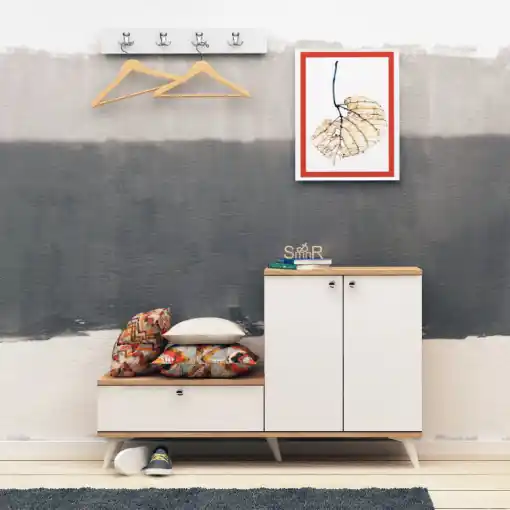 Cuier hol cu dulap Model Evva, Stejar/Alb, 120x30x76 cm Promoție