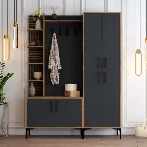 Cuier hol cu dulap Model Viyana, Nuc/Antracit, 150x35x200 cm Reducere
