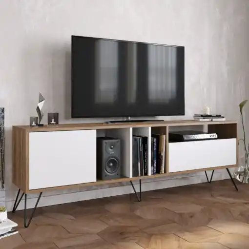 Comoda TV Salvador, Model Mistico, 180x58.7x35.5 cm, Nuc/Negru/Alb Ieftin