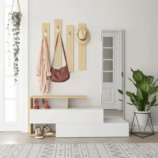 Cuier hol cu dulap Model Ramda, Alb/Stejar, 137x35x54.5 cm Vezi acum