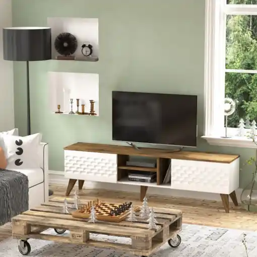Comoda TV Salvador, Model Egg, 180x53x35 cm, Alb/Nuc Preferatul clienților