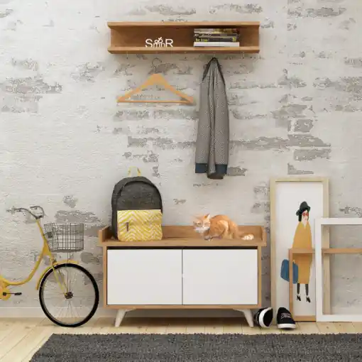 Vezi acum Cuier hol cu dulap Model Arasso, Stejar/Alb, 90x35x60 cm