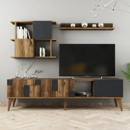 Ansamblu Comoda TV Madrid Walnut-Antracit Expediere rapidă