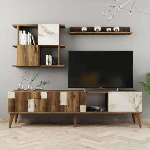 Cel mai bun preț Ansamblu Comoda TV Madrid Alb-Walnut