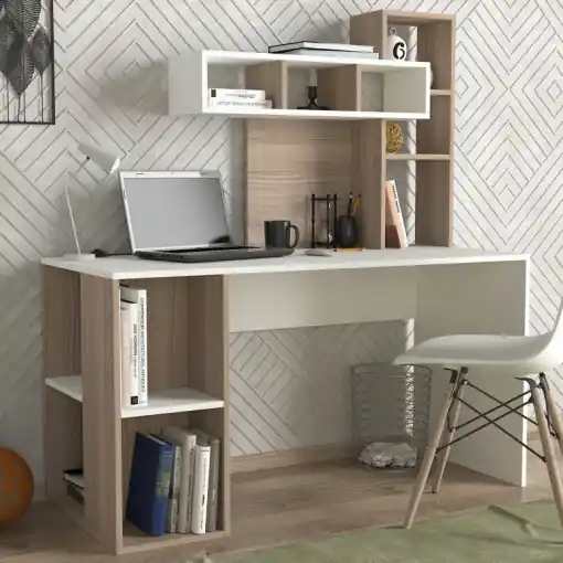 Birou cu Biblioteca Salvador, model Coral, 140x153.8x60 cm, Alb/Stejar Cordoba Expediere rapidă