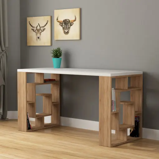 Popular Birou Salvador, model Maze, 140x75x60 cm, Alb/Stejar