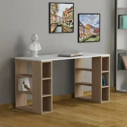 Birou cu Biblioteca Salvador, model Colmar, 140x75x60 cm, Alb/Stejar Preț promoțional