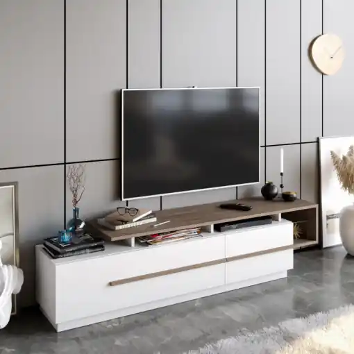 Comoda TV Salvador, Model Pia, 180x46.4x38.9 cm, Nuc/Alb Disponibil imediat