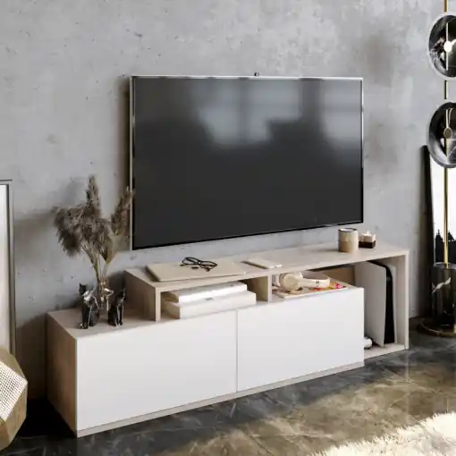 Comoda TV Salvador, Model Nexera, 149.8x42.9x35.3 cm, Stejar Cordoba/Alb Ofertă specială