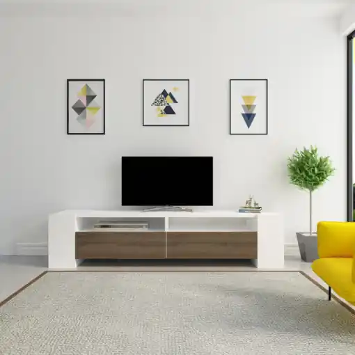 Comoda TV Salvador, Model Sosruko, 155x35x35 cm, Nuc/Alb Calitate înaltă