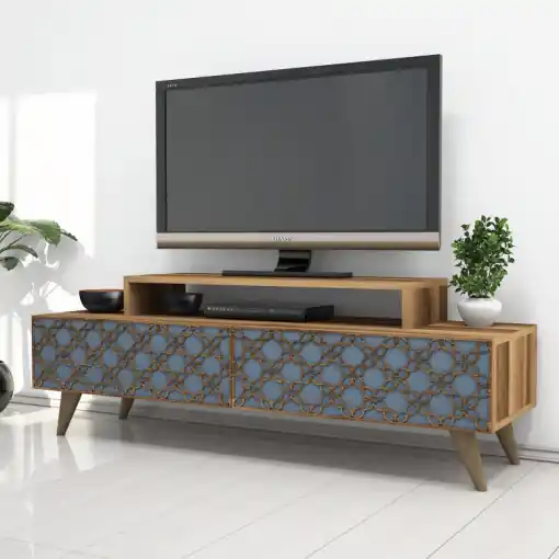 Retur gratuit Comoda TV Salvador, Model City, 140x48.8x41.8 cm, Nuc/Albastru fumuriu