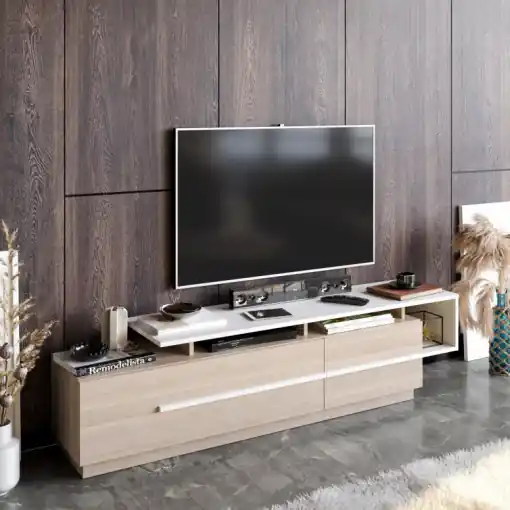 Comoda TV Salvador, Model Pia, 180x16.6x38.9 cm, Stejar Cordoba/Alb Super ofertă