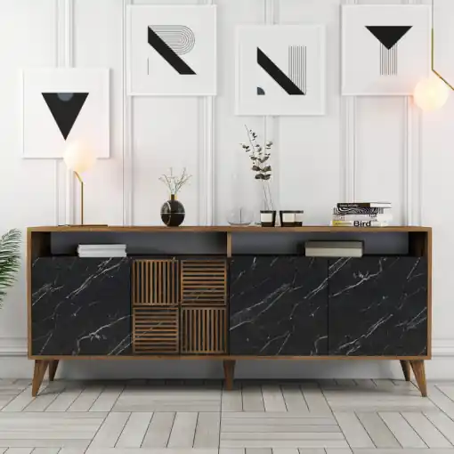 Comoda Model Milan, Nuc/Negru marmorat, 180x35x78.6 cm Bestseller