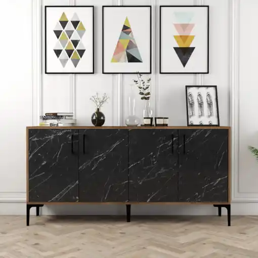 Comoda Model Kiev160, Nuc/Negru marmorat, 160x35x78 cm Super ofertă