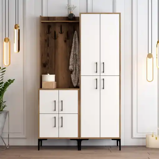 Cuier hol cu dulap Model BerlinBA, Nuc/Alb, 120x35x200 cm Ofertă