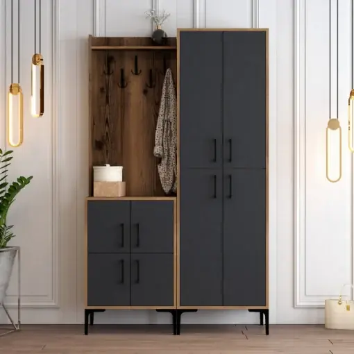 Cuier hol cu dulap Model BerlinBA, Nuc/Antracit, 120x35x200 cm Ofertă exclusivă