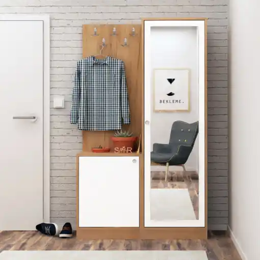 Expediere rapidă Cuier hol cu dulap Model Broc, Stejar/Alb, 100x35x180 cm