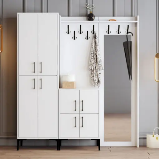Premium Cuier hol cu dulap Model BerlinABC, Alb, 180x35x200 cm