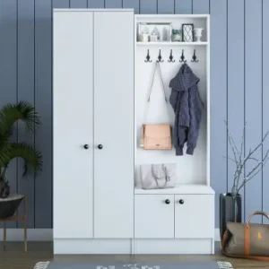 Discount Cuier hol cu dulap Model Bruce, Alb, 119.6x37.3x182.8 cm