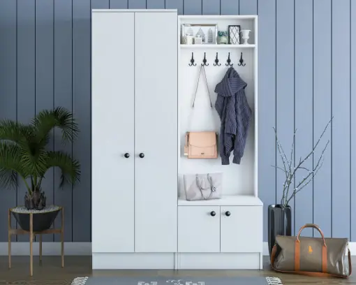 Discount Cuier hol cu dulap Model Bruce, Alb, 119.6x37.3x182.8 cm