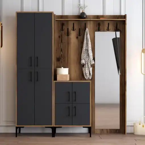 Cuier hol cu dulap Model BerlinABC, Nuc/Antracit, 180x35x200 cm Reducere specială