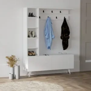 Cuier hol cu dulap si rafturi Model Bahar, Alb, 120x32x161.8 cm Preț promoțional
