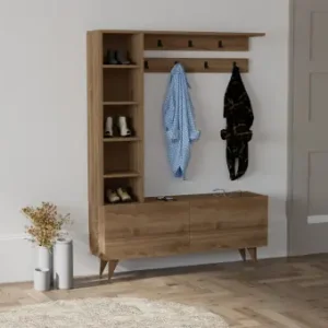 Reducere de preț Cuier hol cu dulap si rafturi Model Hale, Nuc, 120x32x161.8 cm