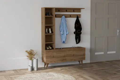 Reducere de preț Cuier hol cu dulap si rafturi Model Hale, Nuc, 120x32x161.8 cm