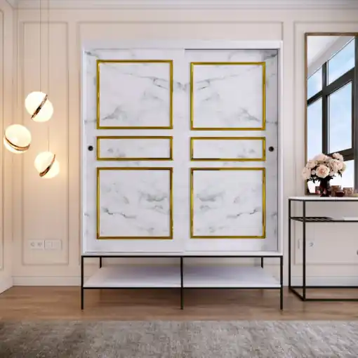 Dulap haine Model Martin, Alb marmorat/Negru/Auriu, 150x57x200 cm Doar azi