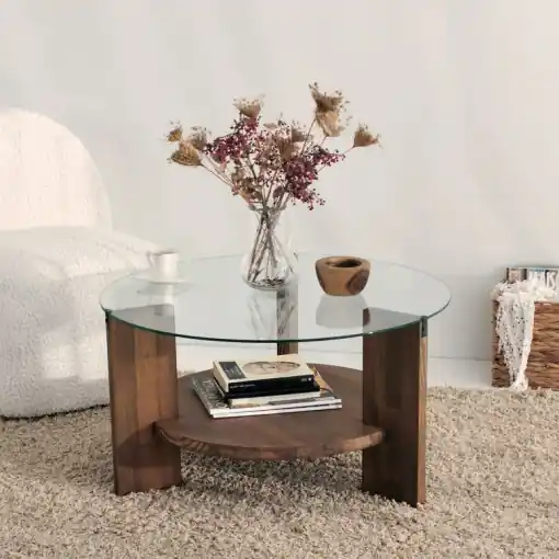 Masuta de Cafea Model Dunlap, 75x75x40 cm, Nuc, Lemn masiv, Blat Sticla securizata Retur gratuit