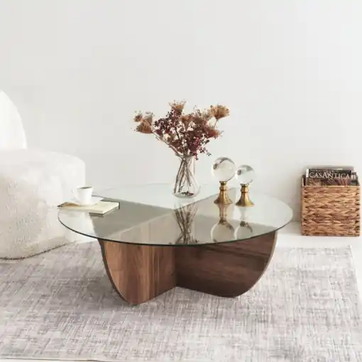 Masuta de Cafea Model Ortiz, 90x90x30 cm, Nuc, Lemn masiv, Blat Sticla securizata Ofertă limitată